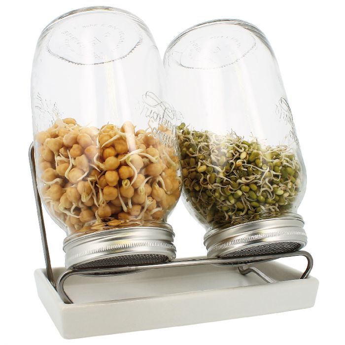 kiemglas 2x1500ml met houder en druppelschaal wit