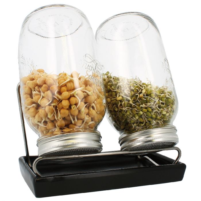 kiemglas 2x1500ml met houder en druppelschaal antraciet
