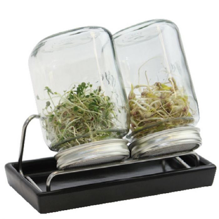 kiemglas 2x1000ml met houder en druppelschaal antraciet