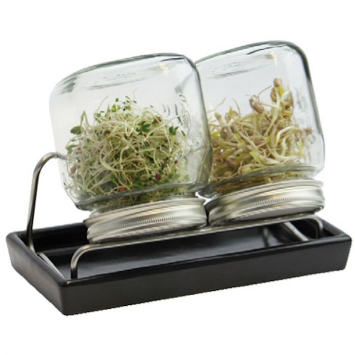 kiemglas 2x750ml met houder en druppelschaal antraciet